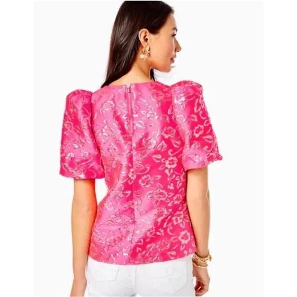 Lilly Pulitzer Pink Gold Puff Floral Brocade Embellished Blouse - Picture 2 of 7